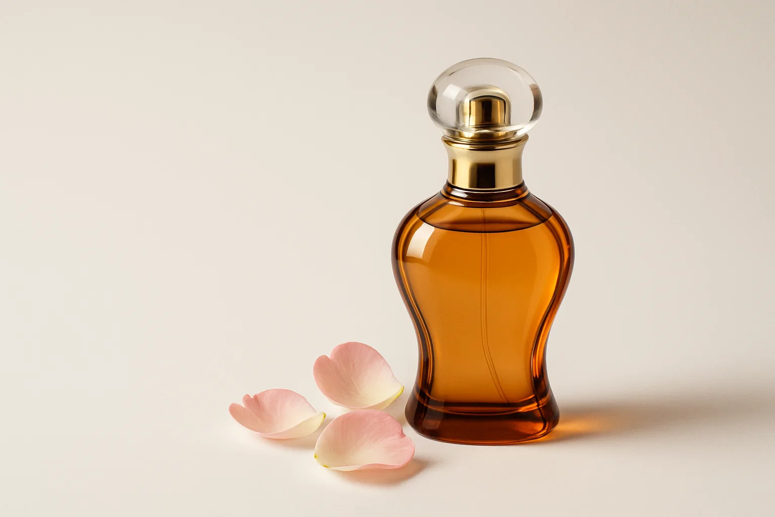 Perfume femenino ambar a la derecha con espacio negativo a la izquierda, fondo blanco