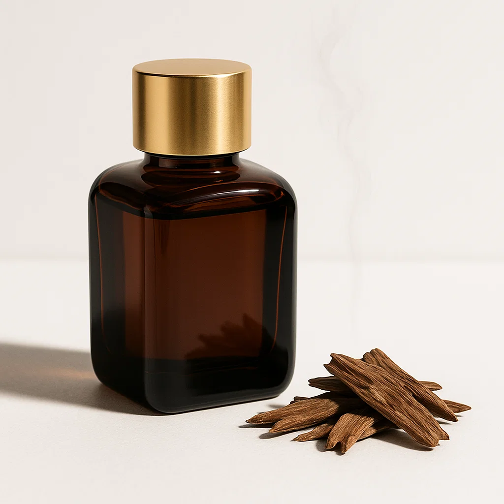 Frasco ambar oscuro con virutas de madera de oud y humo sutil sobre fondo blanco