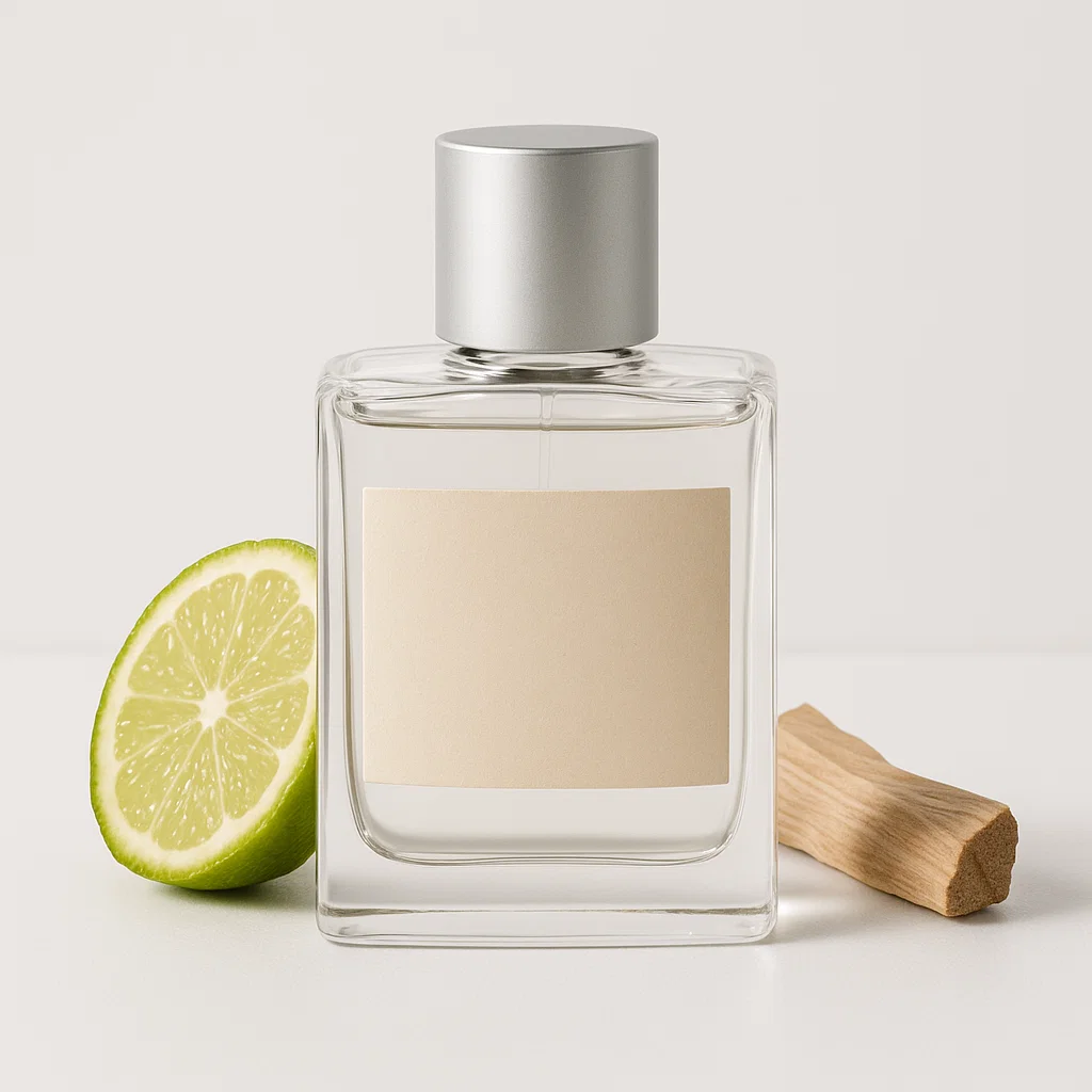 Frasco unisex transparente con tapon plateado, bergamota y madera clara sobre fondo blanco