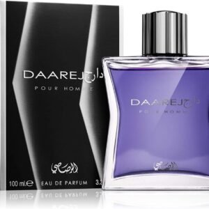 Perfume Rasasi Daarej Pour Homme EDP 100 ml frasco violeta con tapa metálica