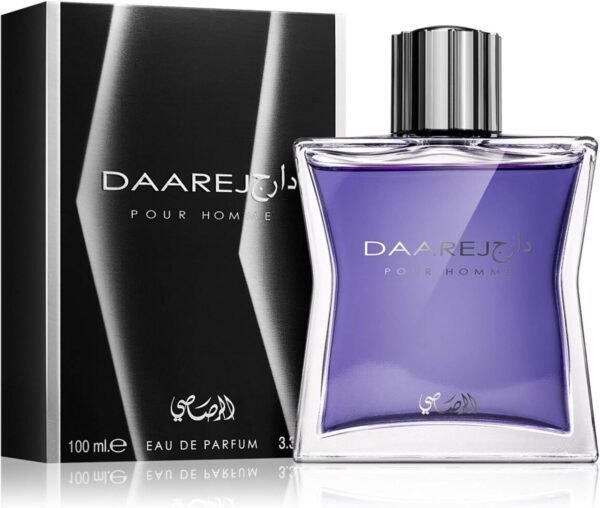 Perfume Rasasi Daarej Pour Homme EDP 100 ml frasco violeta con tapa metálica