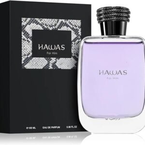 Perfume Rasasi Hawas for Him EDP 100 ml frasco transparente con serpiente plateada
