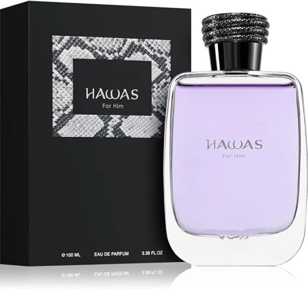 Perfume Rasasi Hawas for Him EDP 100 ml frasco transparente con serpiente plateada