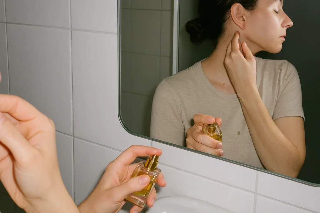 Secuencia en una toma: muñeca, detrás de la oreja y gota en ropa mostrando el ritual