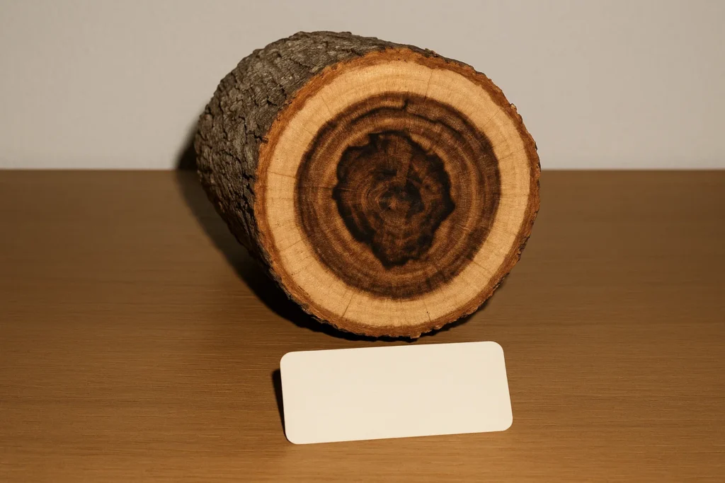 Rama de Aquilaria con sección de madera mostrando el duramen (madera de agar)
