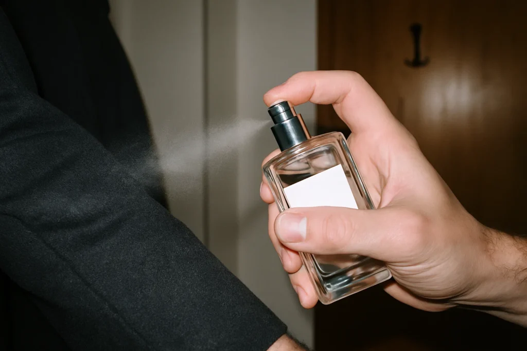 Mano pulverizando perfume sobre la manga de una chaqueta, foto con flash de móvil