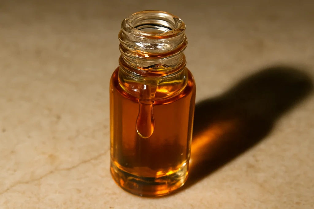 cro de una gota de attar deslizándose por un vial de cristal bajo flash