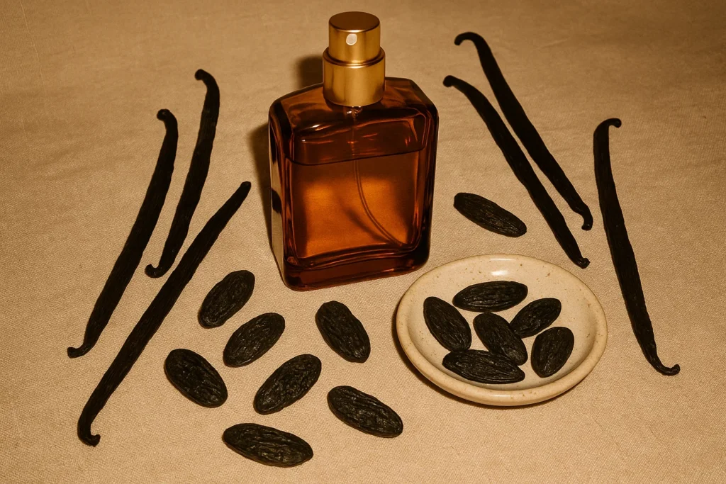 Frasco de perfume ámbar con vainas de vainilla y haba tonka, flash directo